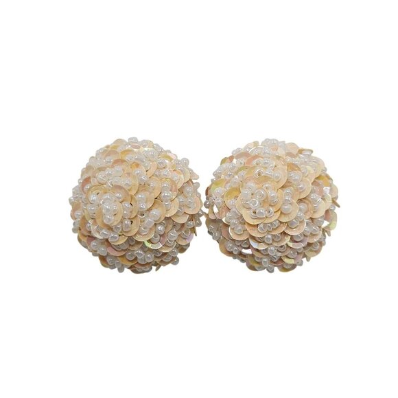 Vintage 1980s Clip-On Earrings Beaded Sequin Floral Dome Ivory/White 1 Inch - Picture 1 of 4
